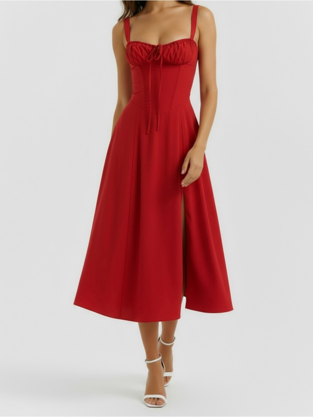 Red Corset Midi Dress with Tie-Front